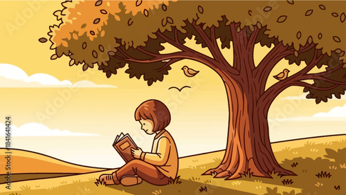 A charming illustration of a young girl absorbed in reading beneath a grand tree