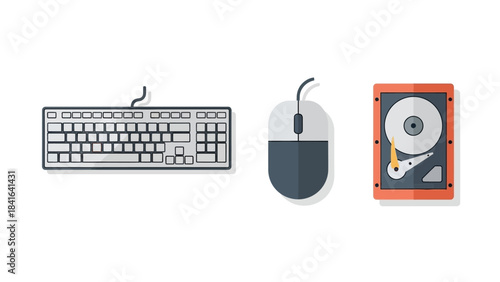 Stylized vector illustration showcasing essential computer input peripherals and data storage