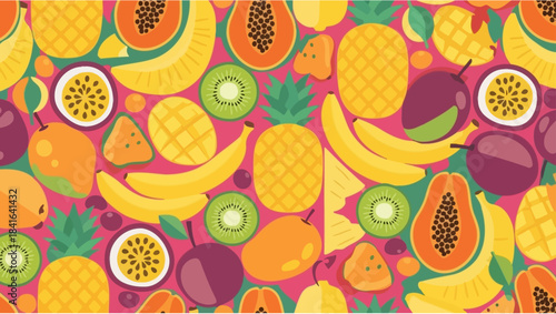 Vibrant tropical fruit mix design with banana pineapple mango kiwi and papaya flat lay
