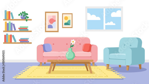 Charming cartoon living room interior design featuring a pink sofa and blue armchair with artwork