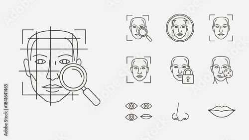 Illustrations representing facial recognition technology and biometric verification systems