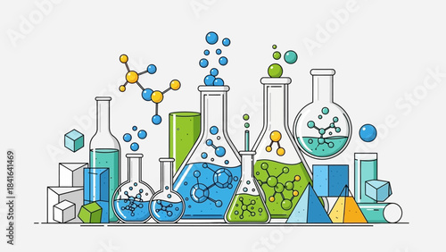 Colorful chemistry illustration with glassware and molecular structures composition