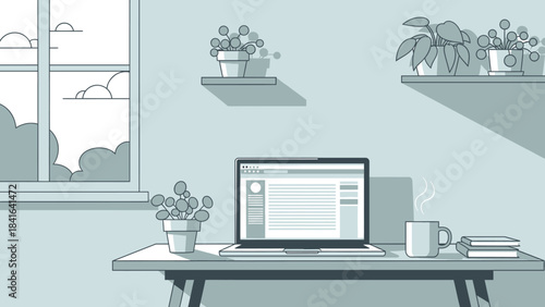 Modern workspace illustration showcasing laptop, plants, and calming monochrome palette
