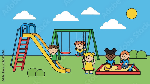 Cartoon illustration of cheerful children playing in an outdoor playground setting full of joy
