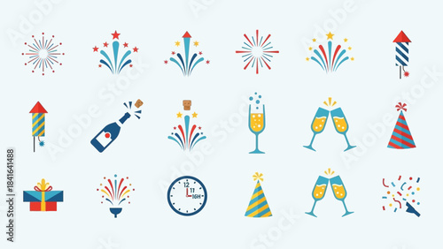 Celebratory icons illustrate new year festivities and events in a vibrant, flat design to