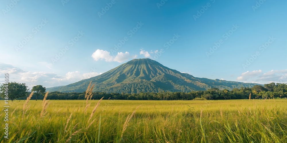 Naklejka premium Khao Bald Mountain scenery with lush trees and grassy landscape, summer travel backdrop for nature enthusiasts