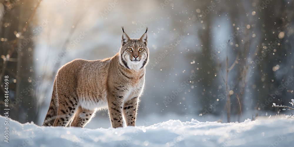 Fototapeta premium Lynx in a deer park during winter, focused on natural animal behavior in snowy forest setting, Earth Day