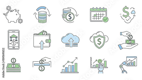 Financial technology and digital banking line icons illustration for modern economy and investments