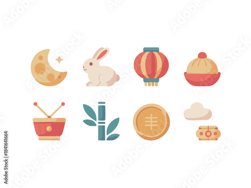Traditional Chinese MidAutumn Festival Icons Collection.
