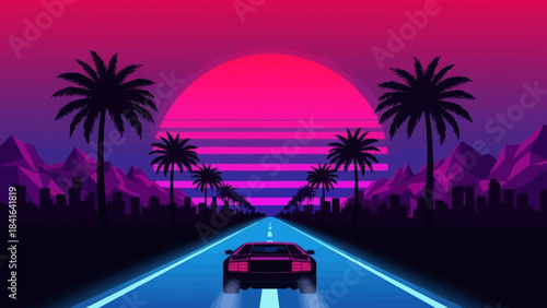 Synthwave drive retro futuristic car on road toward radiant sunset with palm trees and city skyline