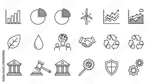 Ecological, Financial, and Legal Icon Set Symbolizing Global Sustainability Initiatives