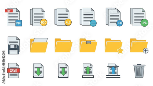 Collection of file and folder icons representing document types and storage organization