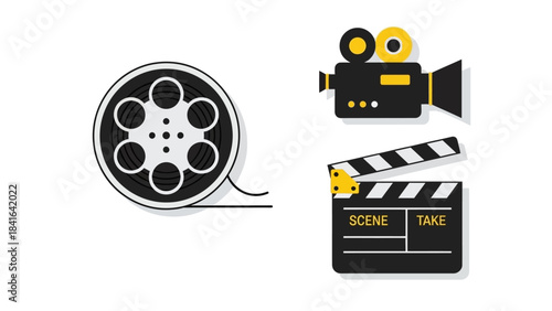 Essential elements of filmmaking represented through illustrative film equipment icons