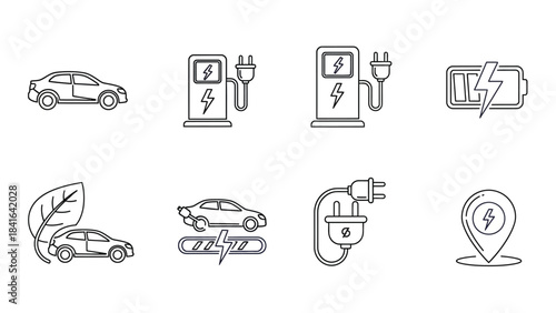 Illustrations of Electric Vehicle Infrastructure and Renewable Energy Concepts in Line Art