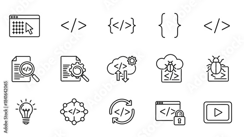 Collection of digital development, code icons representing web application, programming process