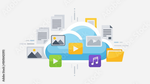 Cloud storage illustration with multimedia files and documents depicting seamless digital