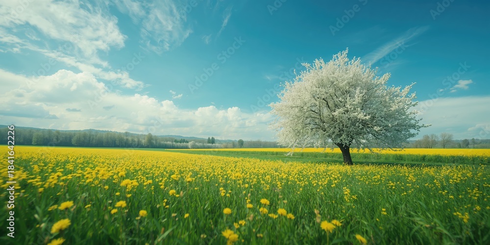 Naklejka premium Yellow-flowered orchard in spring with blossoming trees, highlighting seasonal renewal