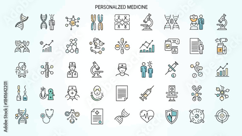 Comprehensive personalized medicine icons for healthcare, science and biotechnology applications