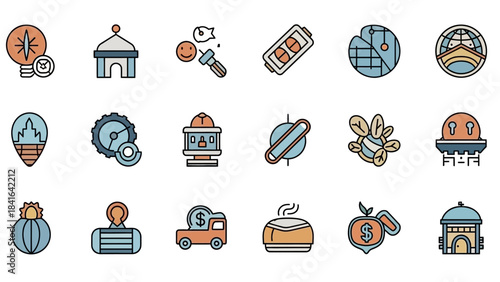 A variety of colorful and stylized modern icons against a clean white backdrop in flat design