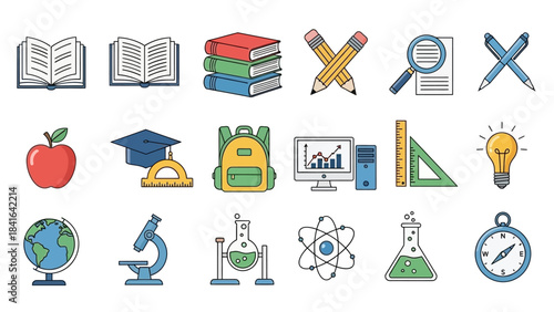 Colorful school supplies illustration featuring books, backpack, microscope, flask