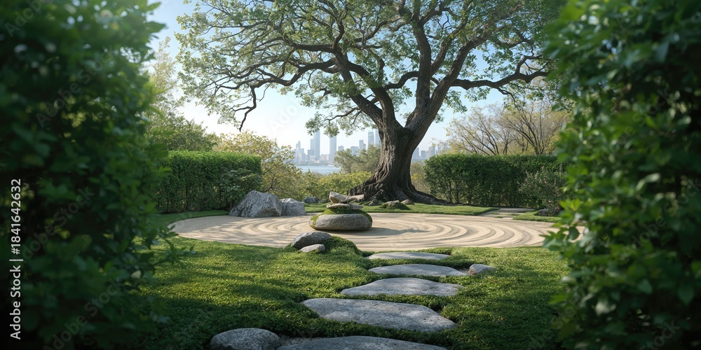 Naklejka premium Backyard zen garden decoration with raked gravel and stones, landscape design for tranquil outdoor spaces