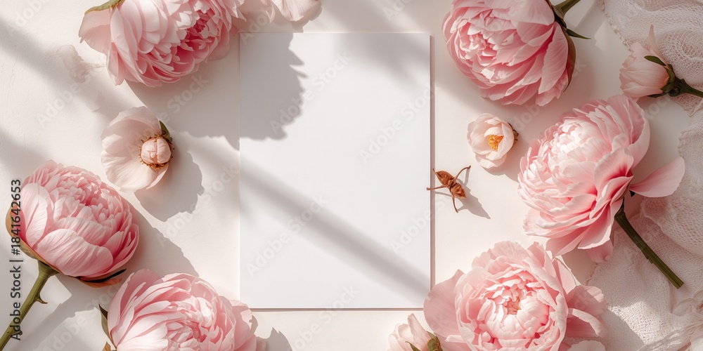 Fototapeta premium Unmarked wedding invitation template featuring envelope and pink peony flowers, suitable for stationery layout, wedding preparations