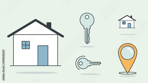 Stylized real estate icons depicting homeownership security and location awareness