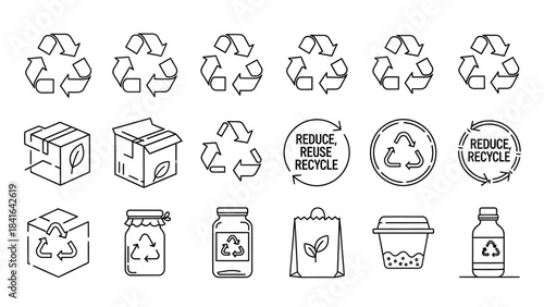 Line art illustration presenting a collection of recycling symbols and packaging items for