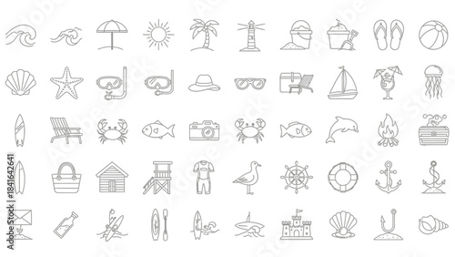 Line art illustration featuring beach and summer themed icons presenting a minimalist collection