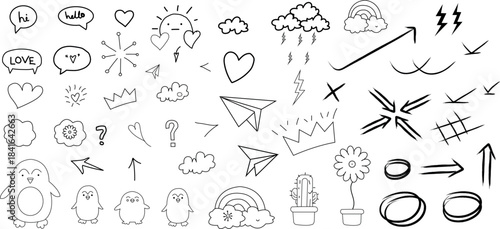This image displays a playful and extensive assortment of hand-drawn doodle elements, perfect for adding a whimsical touch to various creative projects. The collection features a wide range of common 
