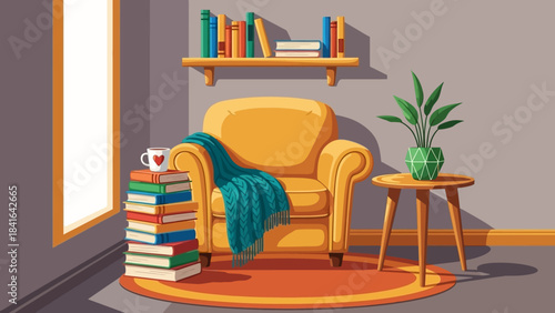 Cozy reading nook illustration with armchair, books and plant creating a relaxing atmosphere