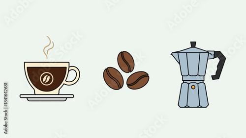 Minimalist coffee illustration featuring a steaming cup, coffee beans, and moka pot in a simple