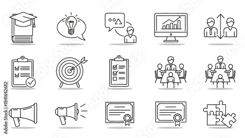 Essential business outline icon set symbolizing progress, strategy, education, and achievements