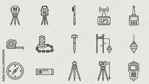 Surveying and Construction Instruments Icon Set Vector Illustration in Light Gray Background