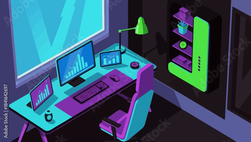 Modern vibrant workspace design, featuring digital dashboards, creative furnishings and unique