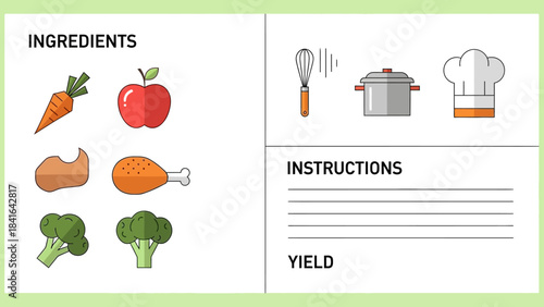 Flat design recipe card template with ingredients, instructions and yield section layout