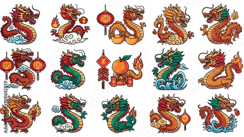 Collection of vibrant Chinese dragons in various poses and colors, celebrating the Lunar New Year.