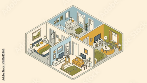 Isometric architectural rendering showcasing apartment floor plan with detailed interiors and