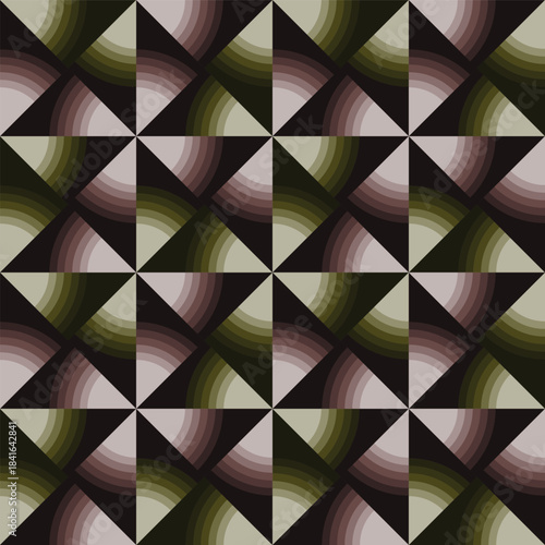 A striking arrangement of metallic gradient triangles radiating in circular motions to create a hypnotic dark-to-light geometric illusion