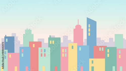 Pastel cityscape with colorful, stylized building silhouettes against a gradient sky modern