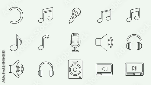 Collection of line art music icons representing a wide range of audio elements and interfaces