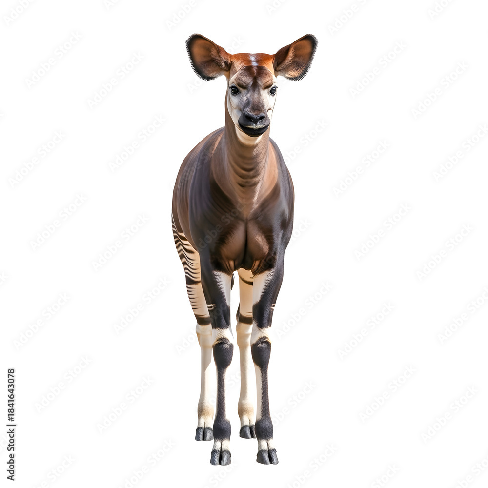 Naklejka premium Beautiful okapi on a transparent background, frontal head and body view of a graceful animal