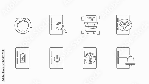 Smart refrigerator functions represented by minimalist line icons for modern kitchen appliances