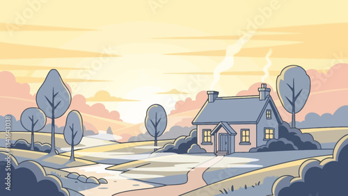 Charming cottage landscape with pastel hues and rolling hills under a calming sky