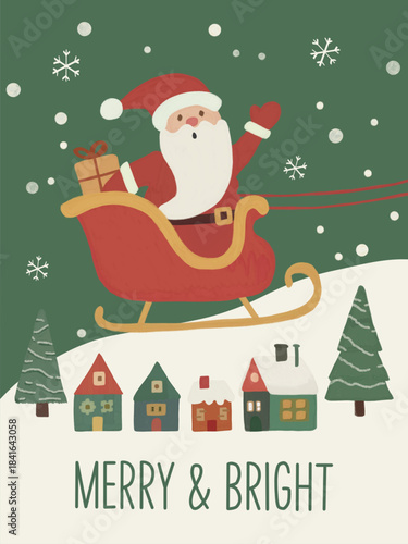 A charming, whimsical digital illustration of Santa Claus flying in his sleigh over a snow-covered village, wishing everyone a MERRY BRIGHT Christmas holiday.