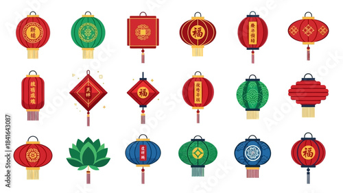 Collection of vibrant traditional Chinese lanterns in various shapes and colors.