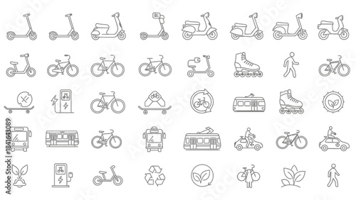 Collection of linear icons representing sustainable urban mobility and transportation alternatives