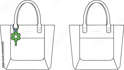 Tote bag technical flat sketch with front pocket, structured handles, and flower charm accessory detailed CAD handbag design vector illustration template
