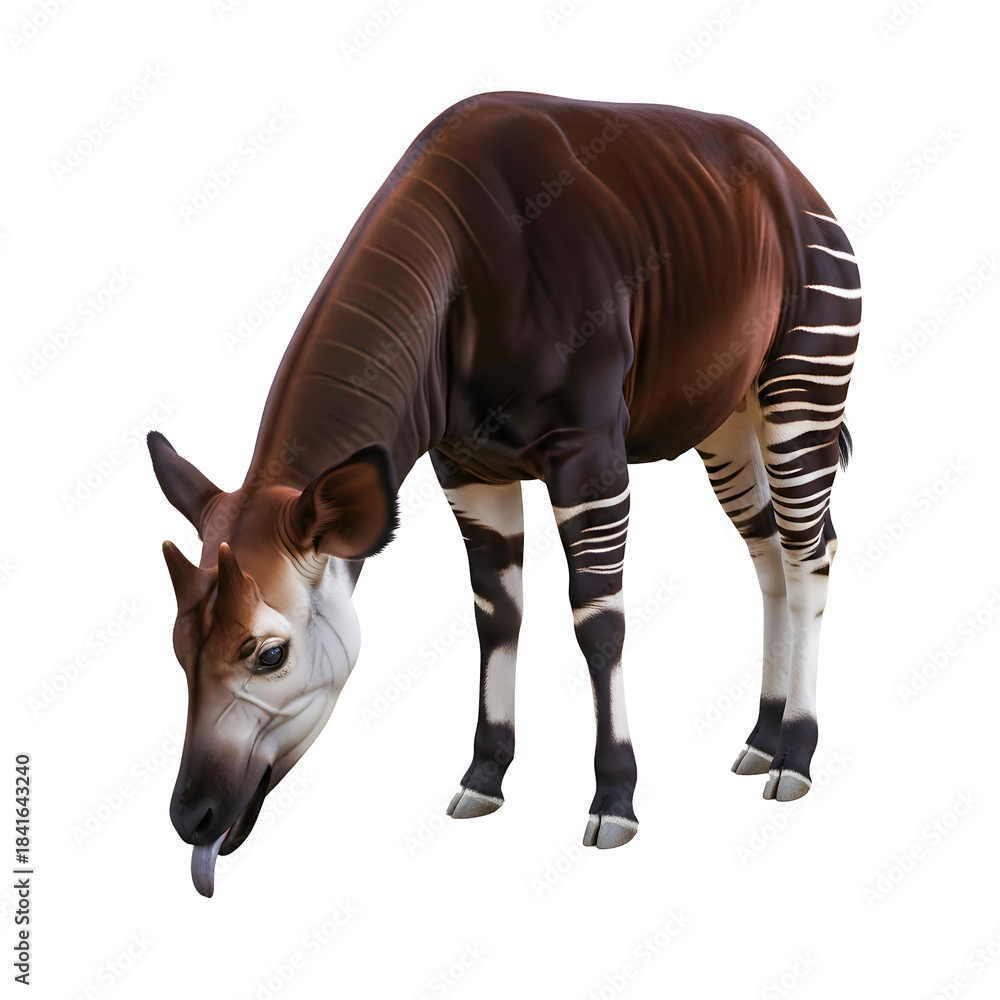 Naklejka premium Curious okapi bending down to graze or drink water sticking out its tongue