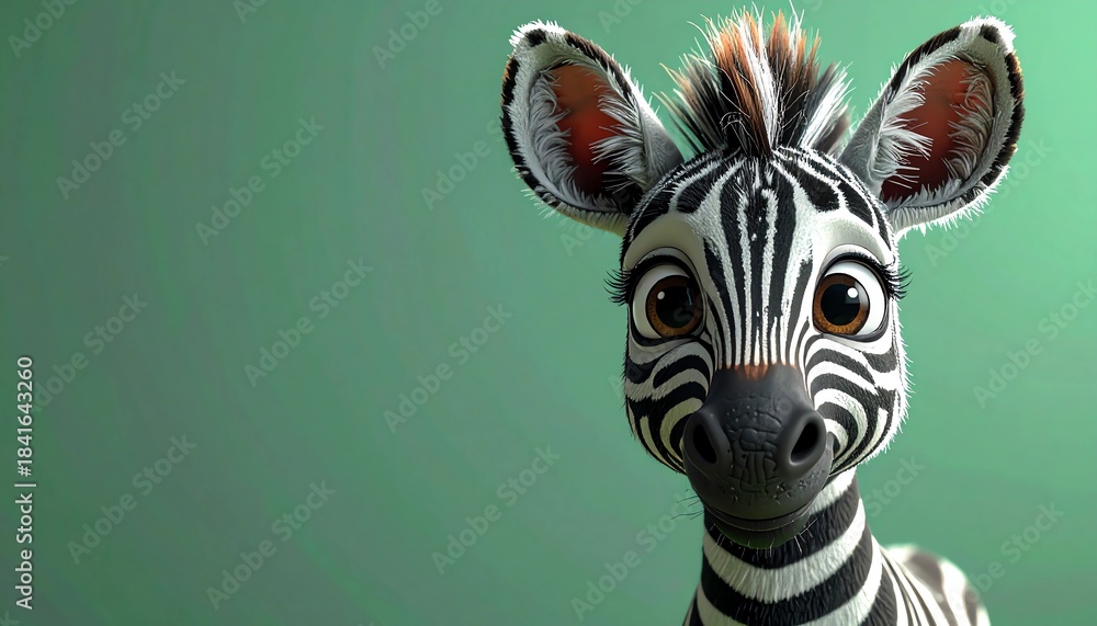Naklejka premium niedliches Zebra mit großen Augen vor einem grünen Hintergrund mit Platz für eigenen Text